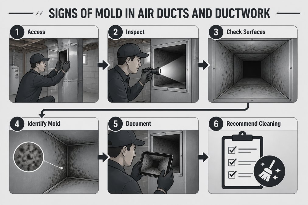 Professional HVAC technician inspecting interior of metal ductwork with a flashlight, showing the inspection process in a residential basement setting with natural lighting