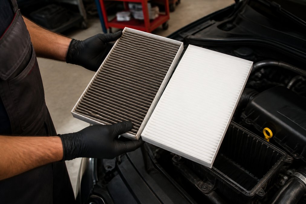Close-up of a mechanic's hands holding a dirty gray Audi engine air filter beside a clean white replacement, open filter housing visible in a dimly lit garage