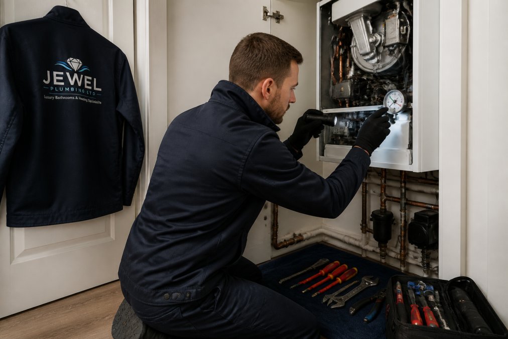 A Gas Safe registered engineer in uniform kneeling beside an open residential boiler, inspecting the pressure gauge with a torch, tools laid out on a protective mat in a clean utility cupboard