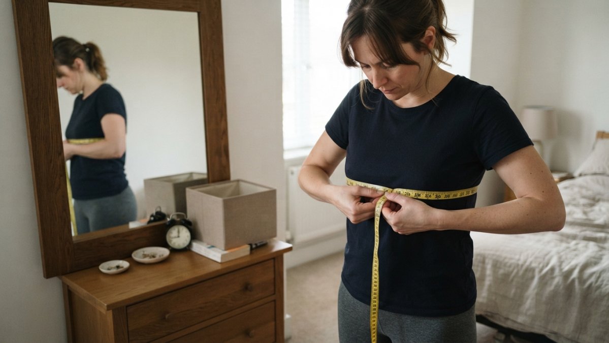Diagram showing how to measure ribcage circumference with a tape measure parallel to the ground