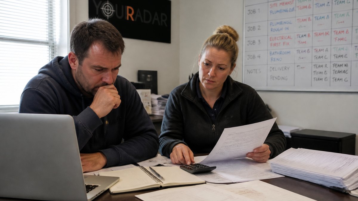 Business owner and admin reviewing paperwork and software, showing signs your business has outgrown current management