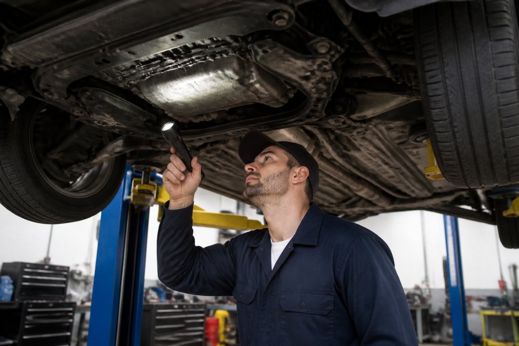 A certified mechanic in a professional auto shop inspecting the underside of a Cadillac sedan on a lift, pointing a flashlight at the transmission pan area