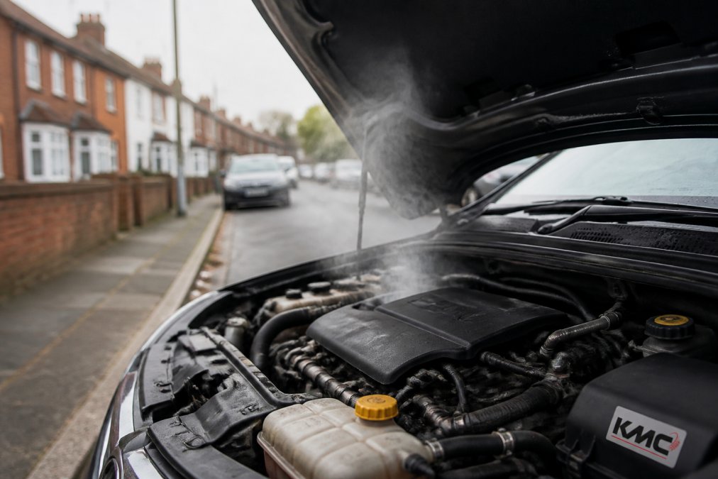 Close-up photo of a car bonnet open with light smoke rising from the engine bay, parked in a typical UK residential street with houses in the background