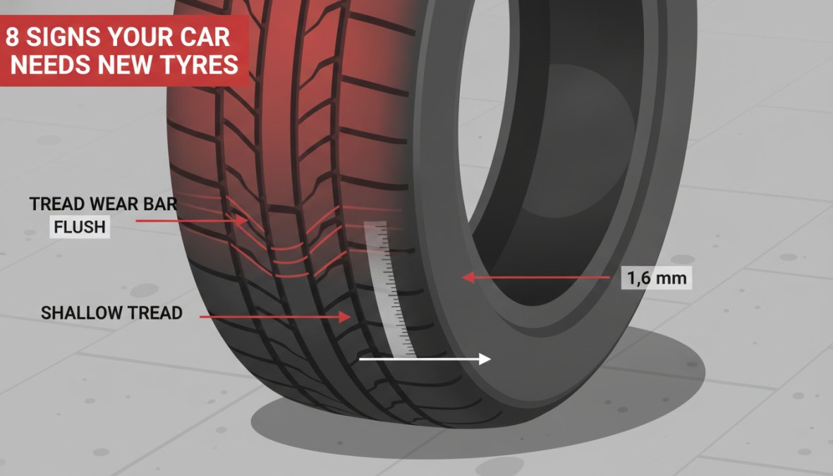 Close-up photograph of a badly worn car tyre on a concrete garage floor, showing tread wear bars completely flush with the tyre surface and shallow, almost smooth tread grooves under bright workshop lighting
