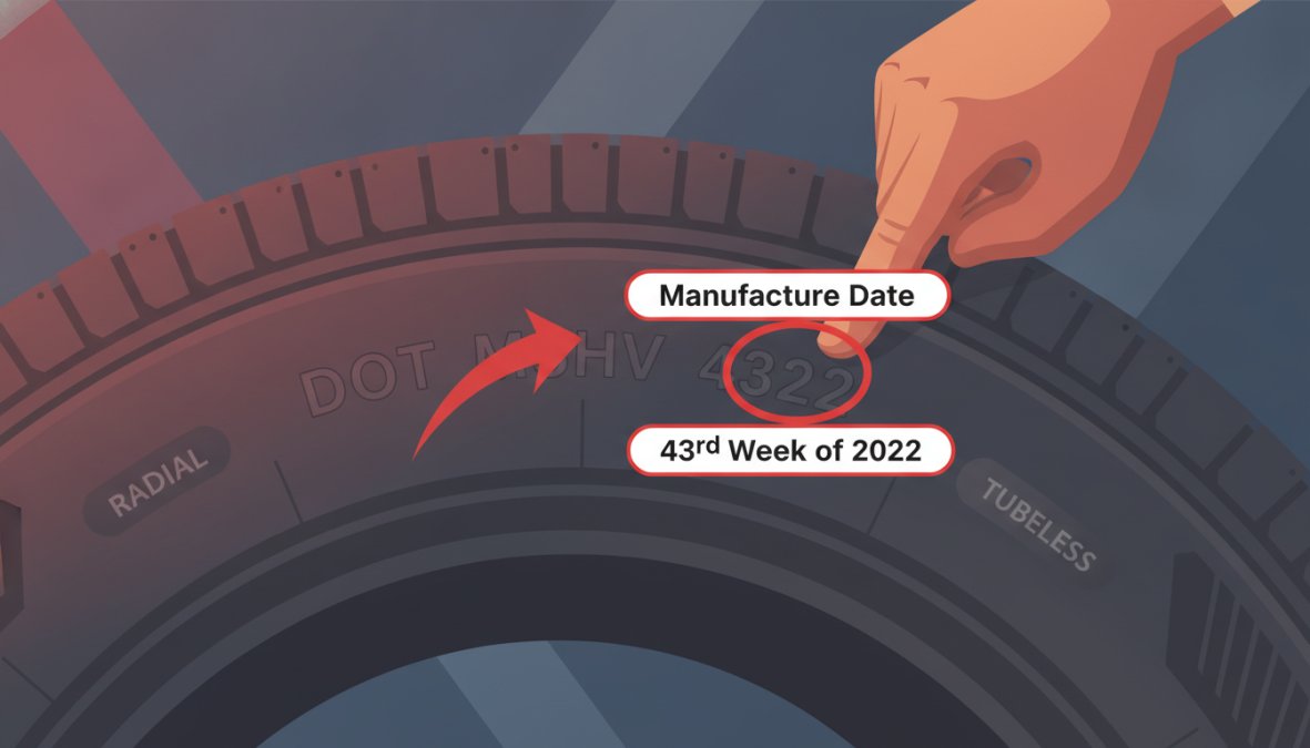 Close-up photograph of a car tyre sidewall showing the DOT code stamped into the rubber, with a mechanic's finger pointing to the four-digit week and year code under bright workshop lighting
