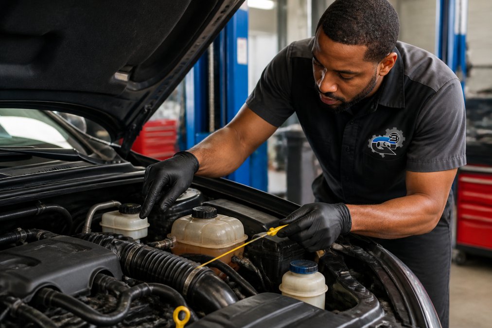 Mechanic checking fluid levels under the hood of a car, pointing to different fluid reservoirs and dipsticks