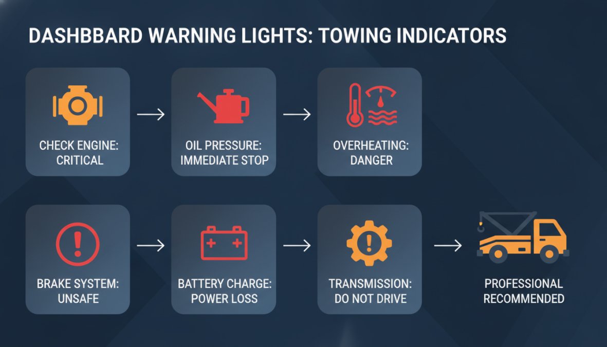 Diagram showing 6 common dashboard warning light symbols: check engine light (orange engine icon), oil pressure warning (red oil can), temperature gauge (red thermometer), brake warning (red exclamation in circle), battery indicator (red battery), transmission warning (orange gear with exclamation), each with a one-line description of severity