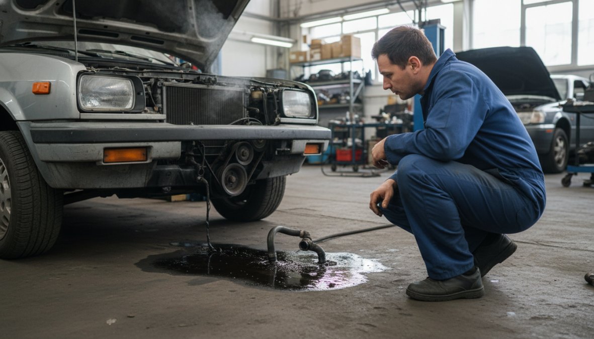Professional illustration showing mechanic and garage and crouching concepts for signs your car needs repair