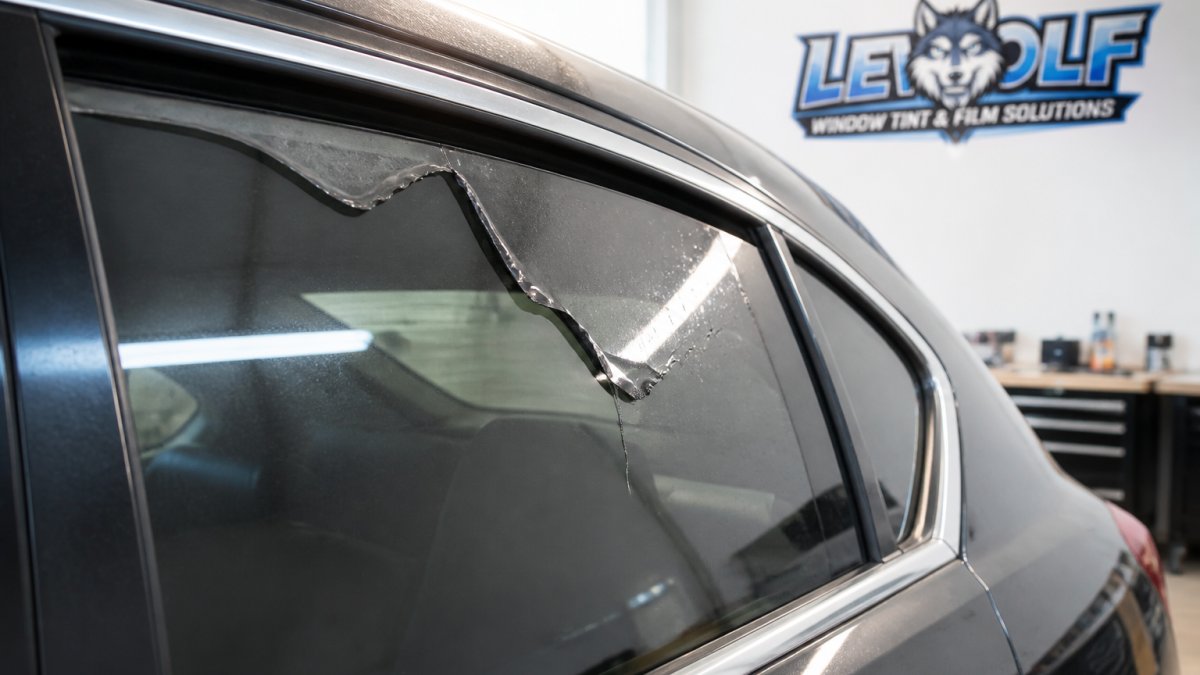 Close-up of a car window with visibly bubbling and peeling tint film along the edge, sunlight highlighting the damage