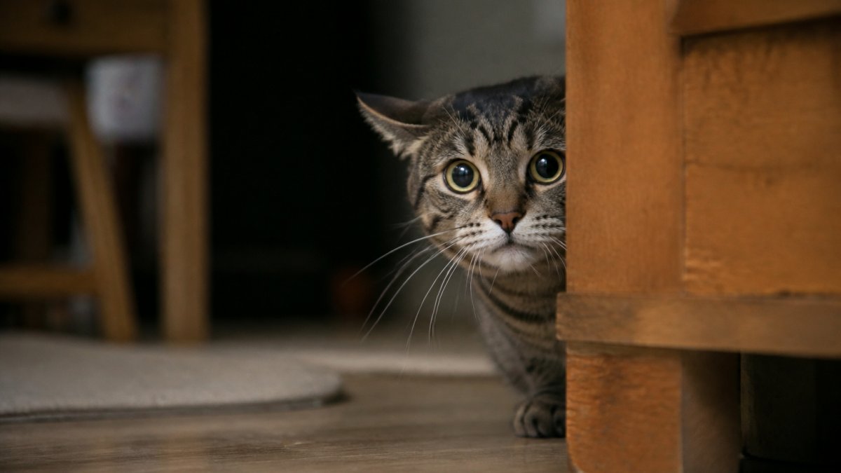 A nervous tabby cat with dilated pupils and flattened ears hiding partially behind furniture with tense, alert body language