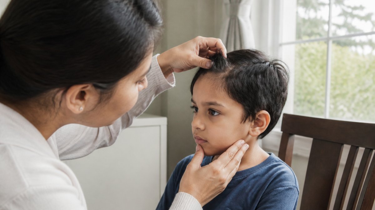 Parent examining child's hair and skin texture during routine health check at home, natural window lighting