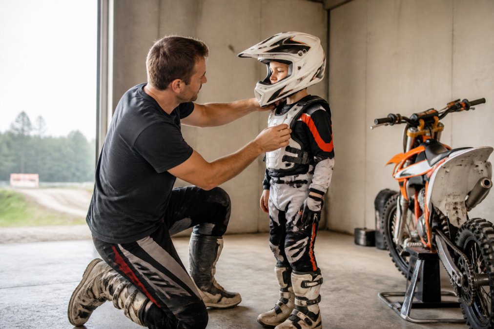 Father kneeling in a garage to adjust a young motocross rider's helmet and chest protector fit.