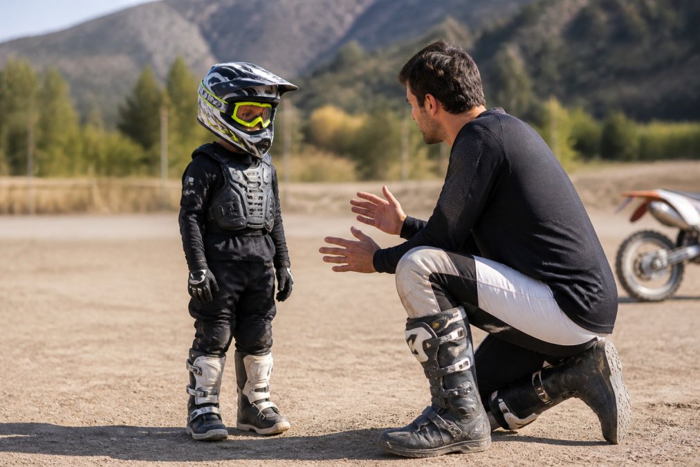 Young child wearing complete motocross safety gear including helmet with goggles, chest protector, gloves, boots, and body armor while standing ready to ride on a flat training area with an adult instructor nearby