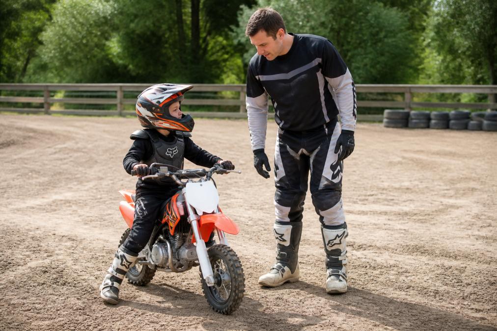 Young child in full protective gear sitting on a small 50cc dirt bike with an adult instructor standing beside them on a flat, enclosed training area with natural daylight