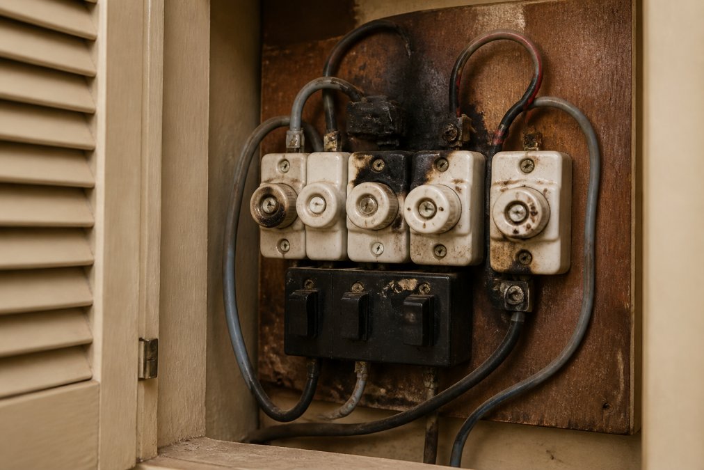 Old fuse box with scorched wiring showing signs your consumer unit needs replacing in a dim hallway cupboard