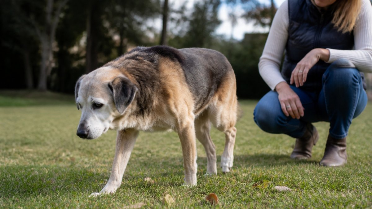Infographic illustrating physical indicators of joint stiffness in senior dogs during daily exercise.