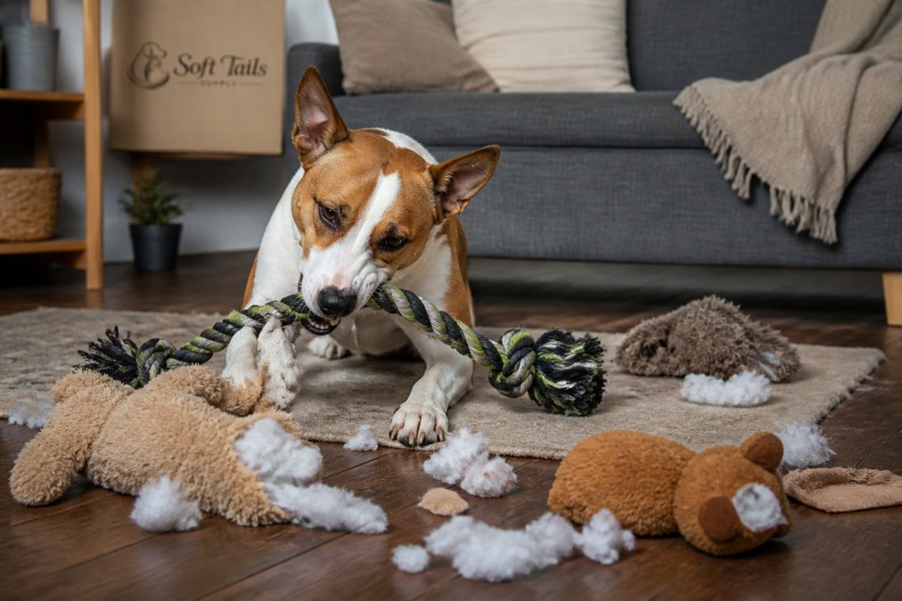 A medium-sized dog in a living room enthusiastically chewing on a thick rope toy, with several shredded plush toys scattered nearby on the floor