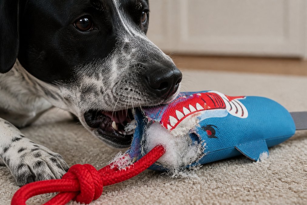 Close-up of a dog's mouth near a worn, frayed toy showing visible damage with loose stuffing and torn seams in natural lighting