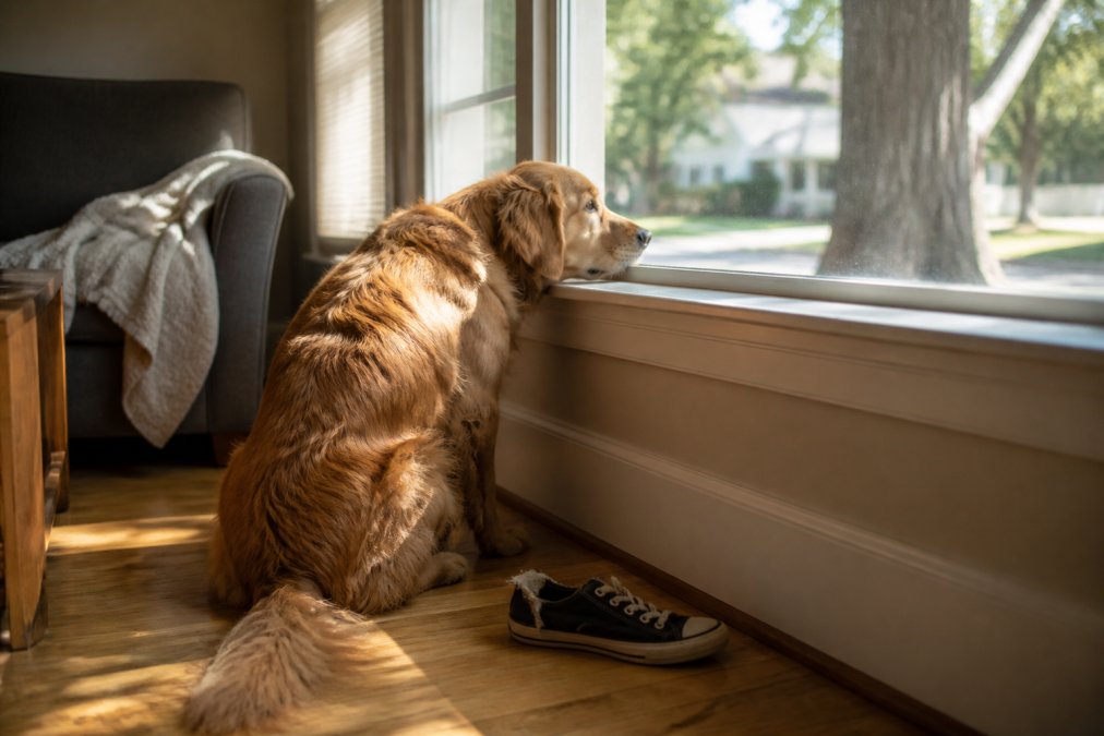 A golden retriever sitting alone by a front window in a sunlit living room, one chewed shoe on the floor beside it, head resting on the sill as it watches the street