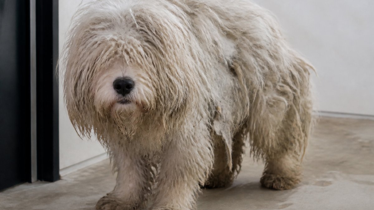 Close-up of a dog with visibly matted, tangled fur and a dull coat texture, showing the condition that signals need for professional grooming services