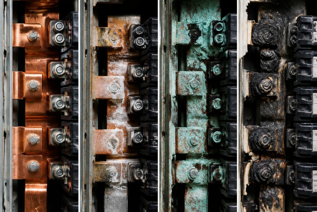 Four-panel comparison showing (1) clean copper bus bars with bright metallic finish, (2) early-stage white corrosion deposits, (3) advanced green/blue corrosion with pitting, (4) severe charring with black burn marks on breaker terminals