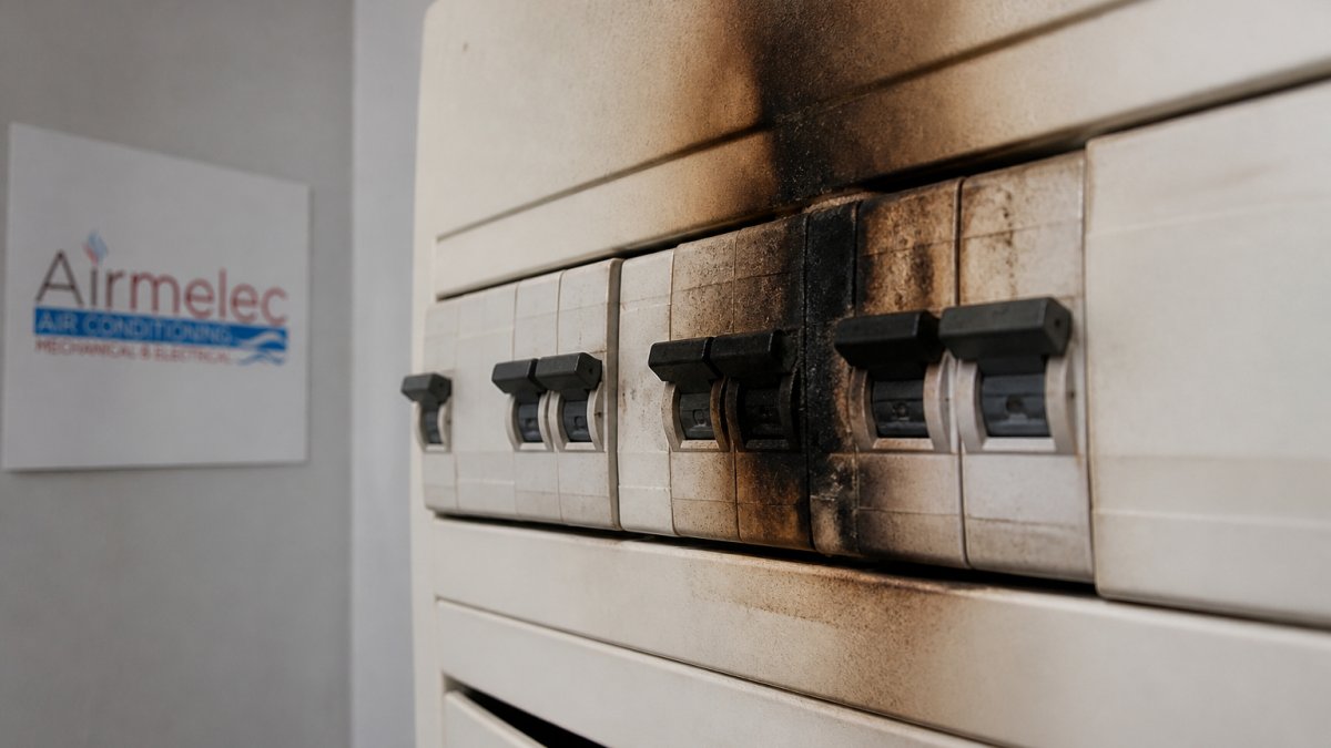 Infographic visualizing signs your electrical panel is failing through close-up heat damage and scorch marks.