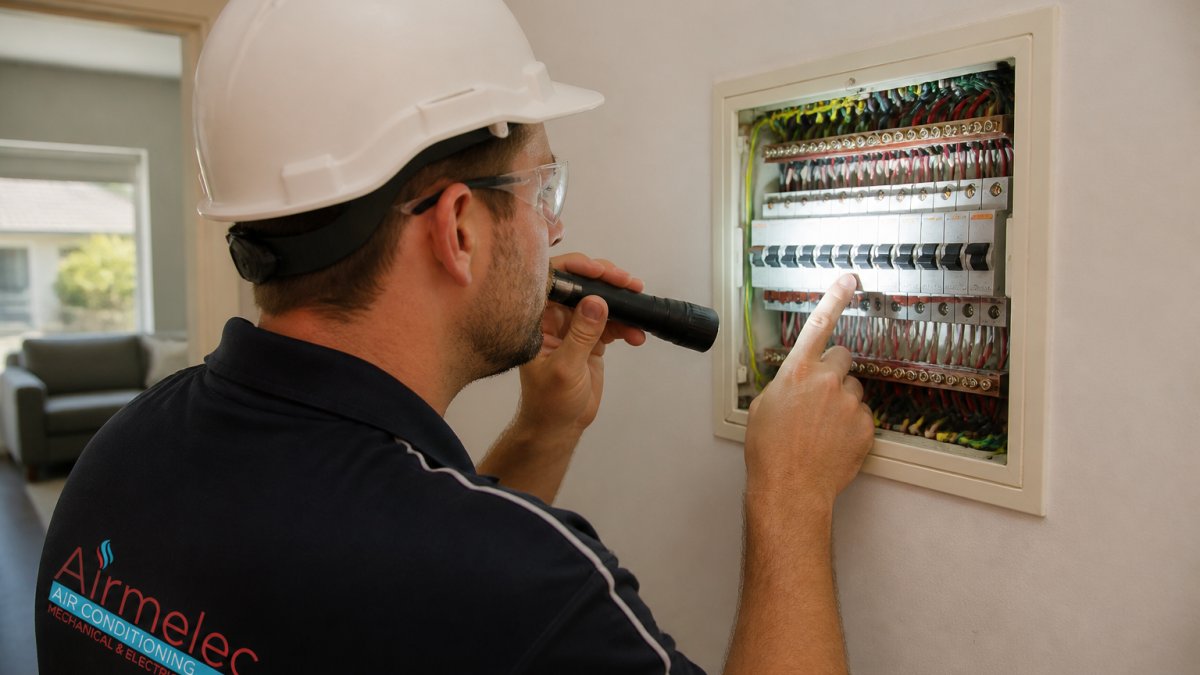 A licensed electrician in safety gear inspecting an open residential switchboard with a torch, pointing at a tripped breaker, in a suburban Australian home