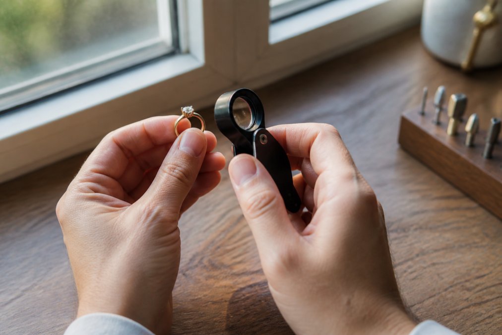 Step-by-step guide on using a magnifying loupe to inspect diamond ring prongs for looseness in daylight