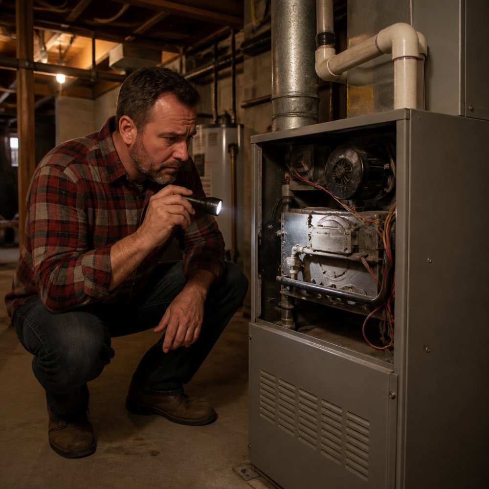 Concerned homeowner using a flashlight to inspect furnace signs your furnace needs professional repair
