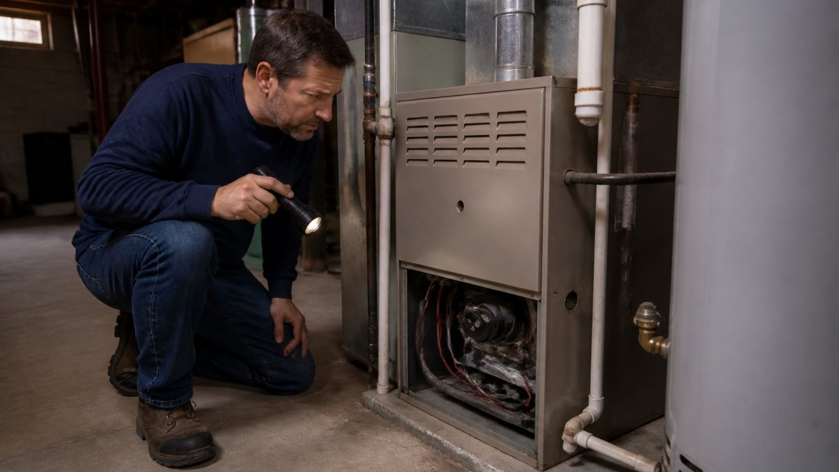 A homeowner in a basement kneeling beside a residential furnace, holding a flashlight and looking closely at the unit with a concerned expression, dim overhead lighting