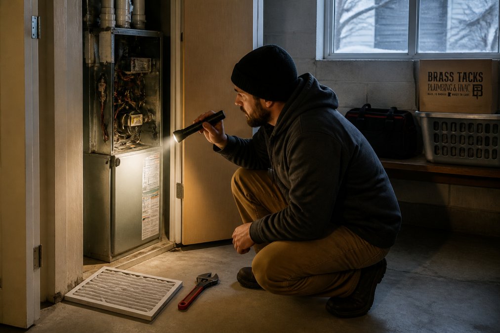 Homeowner using a flashlight to inspect a furnace that needs repair in a cold basement