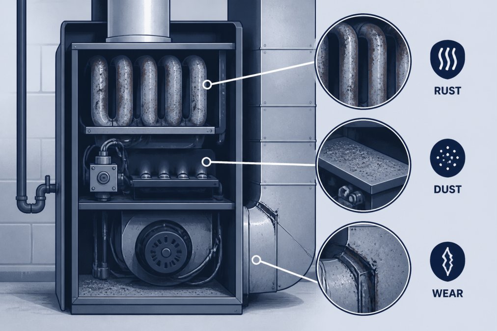 Close-up of furnace interior showing rust accumulation, dust buildup on metal components, and visible wear on heat exchanger and ductwork connections in basement setting