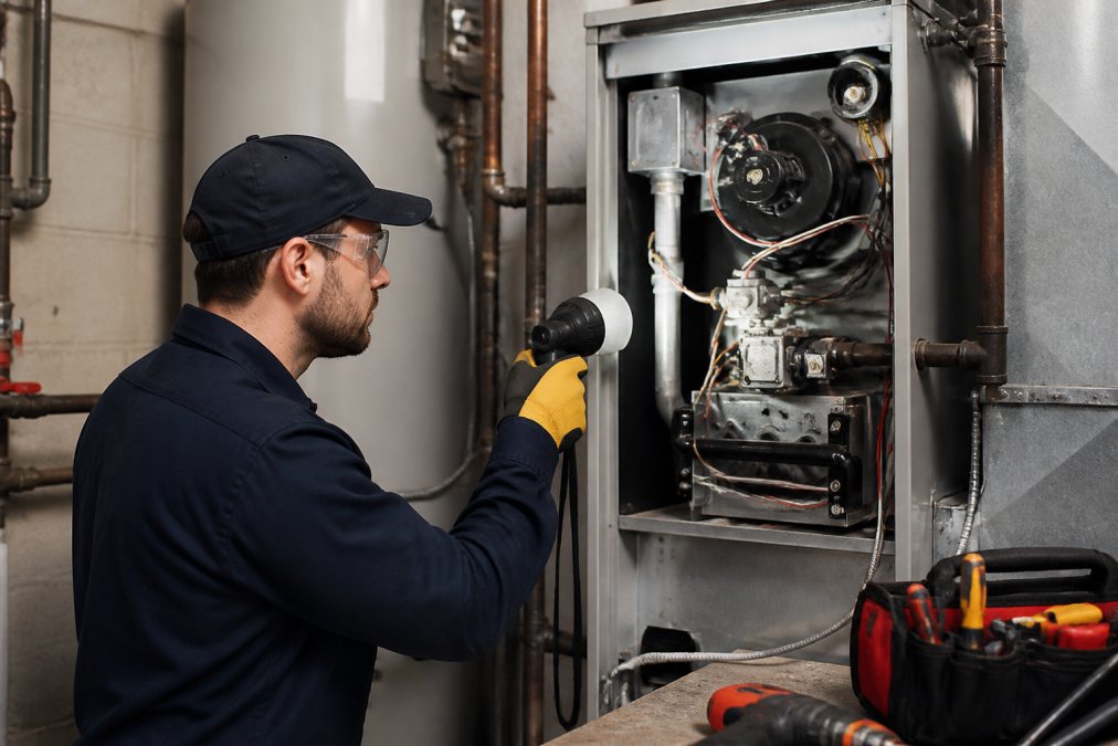 Licensed HVAC technician in uniform using diagnostic thermal imaging equipment to inspect furnace heat exchanger, with safety gear visible and inspection tools on workbench