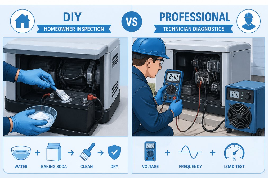 Comparison infographic showing DIY battery maintenance versus when a generator needs service from a technician.