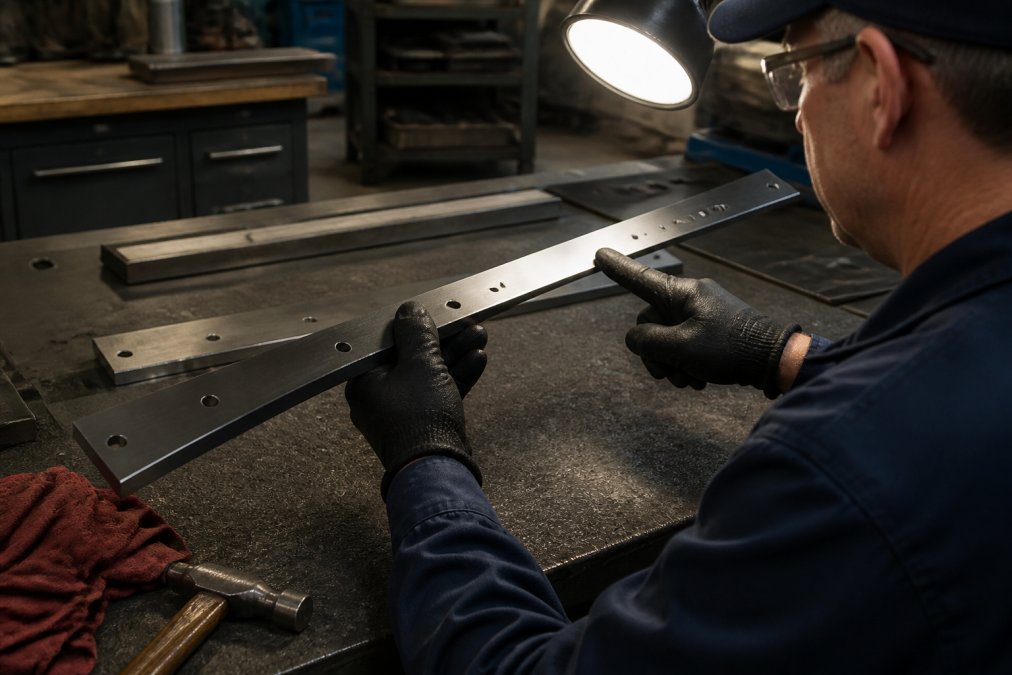 A maintenance supervisor's gloved hands holding a guillotine blade under a bright inspection lamp, pointing to a visible nick along the cutting edge with one finger
