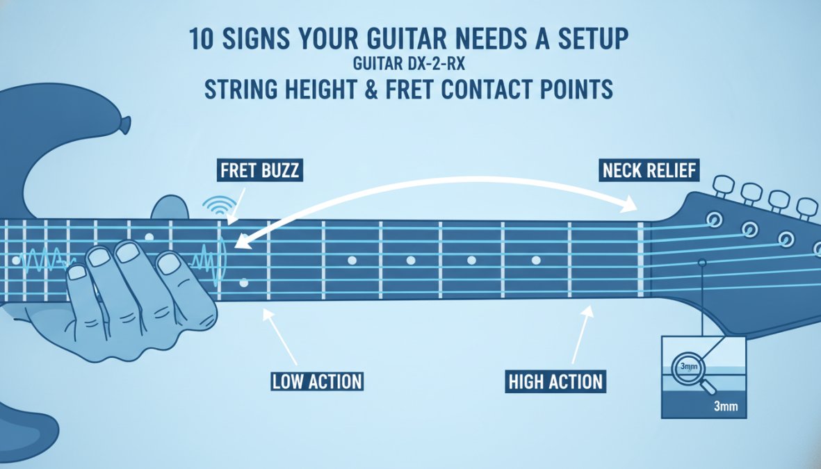 Professional illustration showing guitar needs a setup