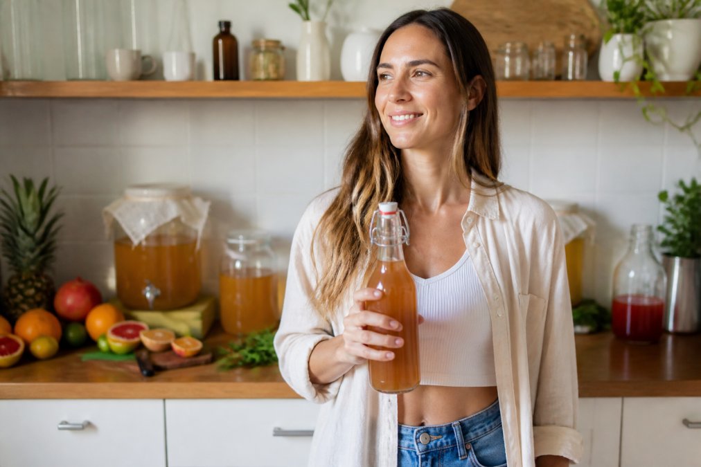 A person holding a glass bottle of raw kombucha in a bright kitchen, with fresh fruit and fermentation jars visible on the counter behind them