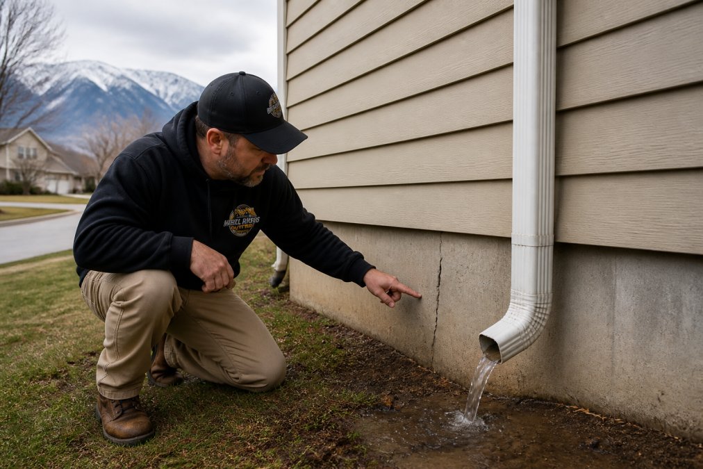 A homeowner kneeling beside a house foundation pointing at a visible crack in the concrete wall, with a downspout discharging water directly next to the foundation in the background, overcast sky, residential neighborhood