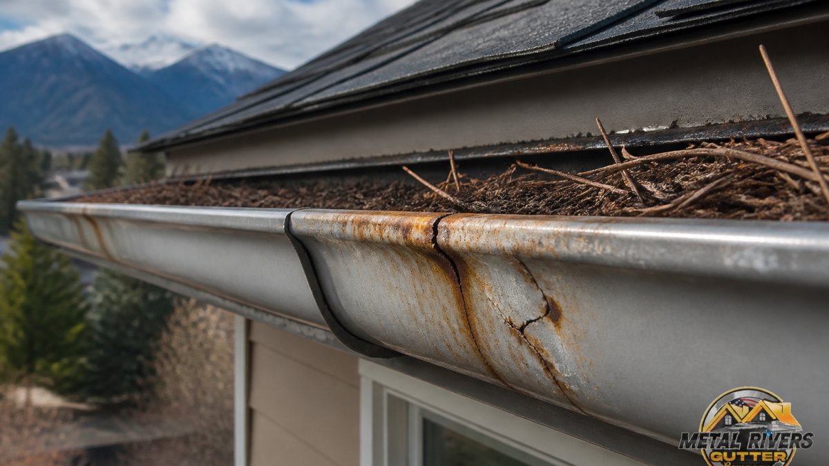 Close-up of aluminum gutter showing visible rust stains, a small crack in the metal, and accumulated pine needles and debris buildup along the seam