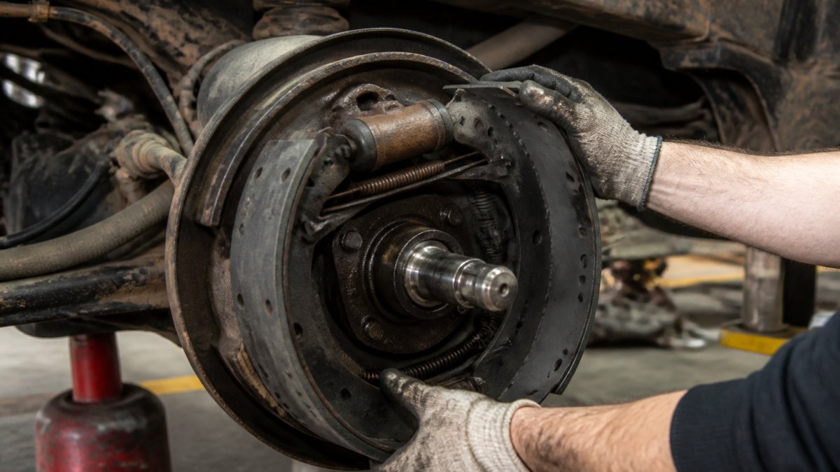 Mechanic in grease-stained gloves inspecting the brake drum and shoes of a heavy duty truck in a repair shop