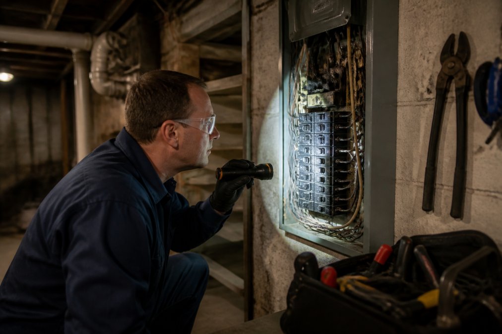 Electrician inspecting aged breakers in a basement as signs your historic home needs rewiring become apparent.