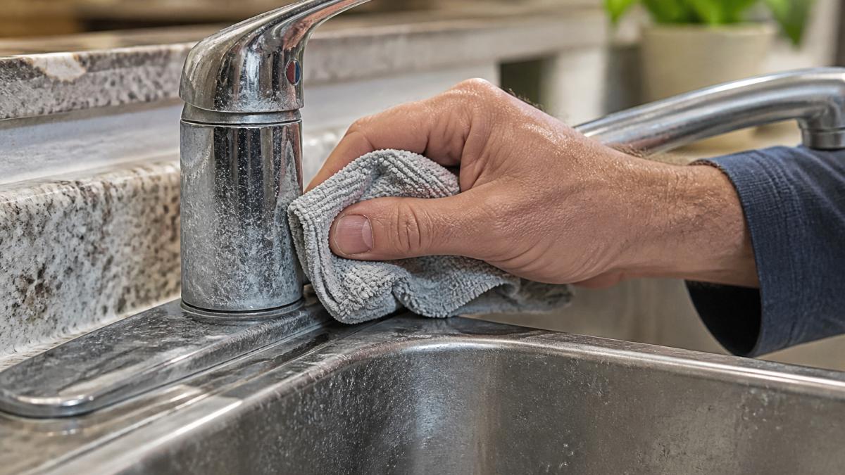 Close-up of a homeowner's hand wiping a white, chalky crust off a kitchen faucet with a cloth, mineral spotting visible on the chrome and surrounding countertop
