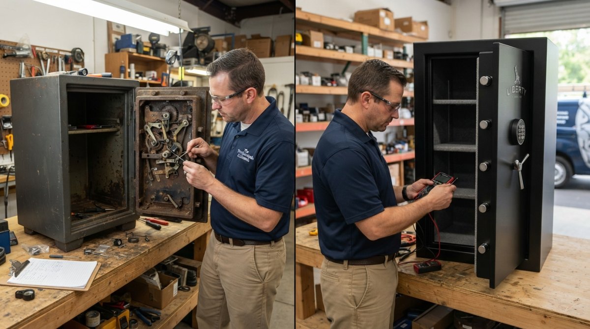 A licensed locksmith technician carefully examining the interior bolt retraction system and locking mechanism of an open home safe, using specialized diagnostic tools under bright overhead lighting