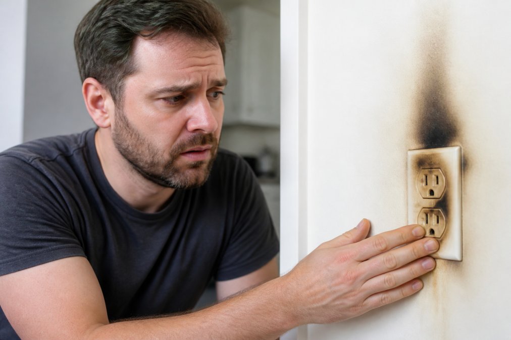 Close-up of a homeowner's hand cautiously touching a warm electrical outlet on a wall, showing concern on their face, with visible dark scorch marks and discoloration around the outlet plate and wall surface