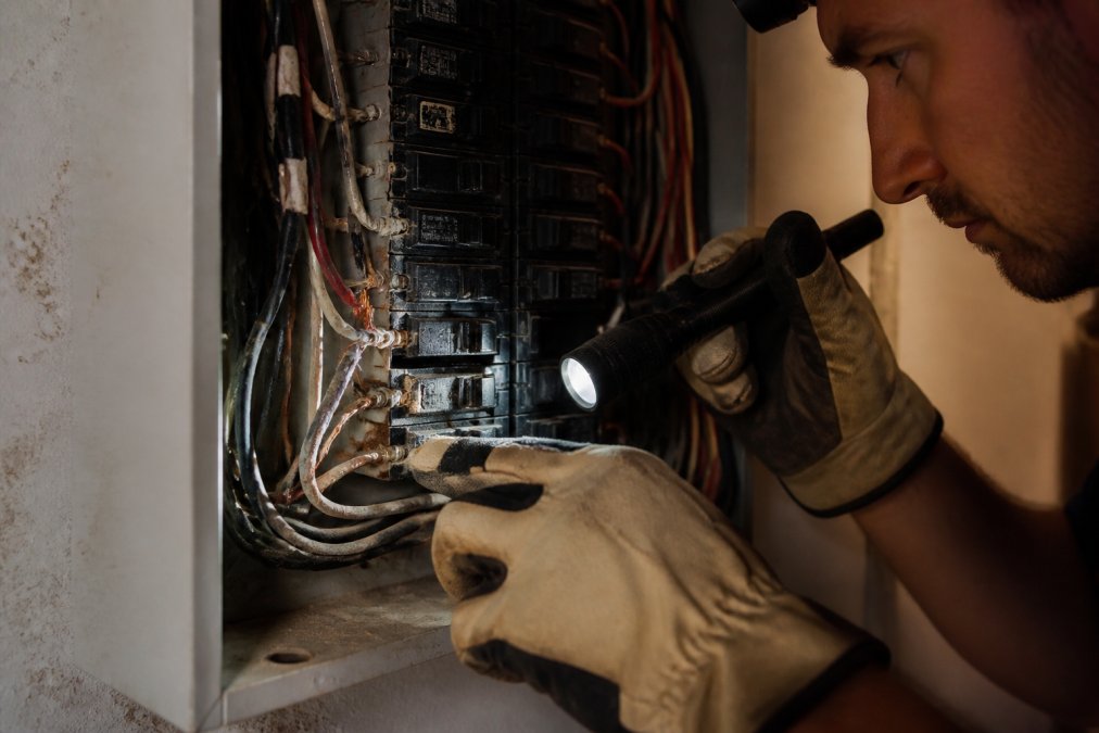 Interior view of an electrical panel with visibly frayed and damaged wiring connections, showing an electrician in work gloves carefully inspecting the connections with a flashlight in dim lighting