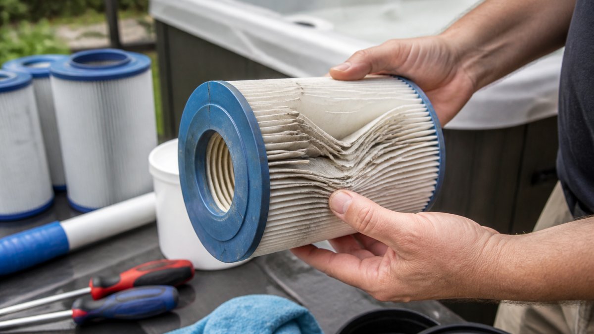 Close-up of a homeowner's hands holding a hot tub cartridge filter with visible crushed pleats and a cracked end cap, soft outdoor daylight