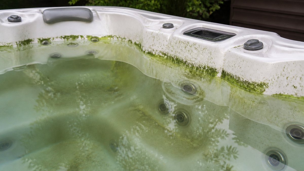 Close-up of a hot tub with visibly cloudy, murky water and green algae spots forming on the waterline and tub surface