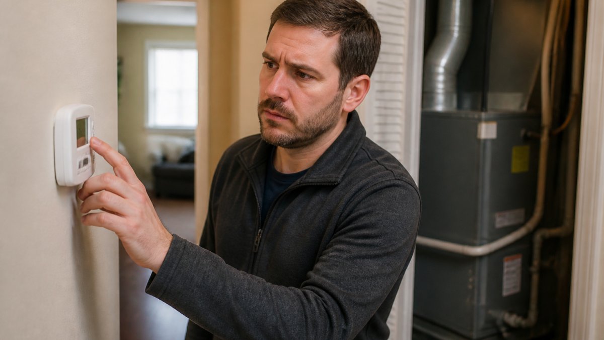 Homeowner checking thermostat settings on wall-mounted unit while looking concerned, with visible HVAC equipment in background