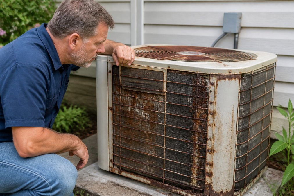 Homeowner inspecting an older HVAC outdoor unit with visible rust, corrosion, and weathered metal components standing in front of the equipment on a residential property