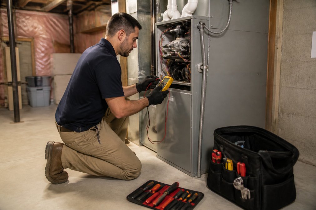 Licensed HVAC technician in uniform performing diagnostic check on an indoor furnace unit, using digital tools and testing equipment in a residential basement